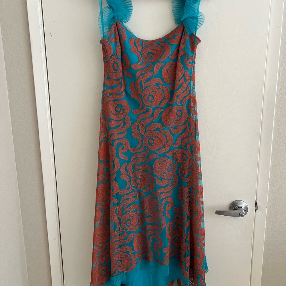 BCBG High Low Dress with Blue and Orange Floral Design